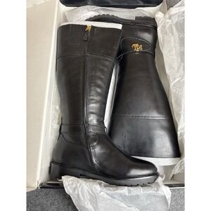 Lauren Ralph Lauren Everly Tall Boots Black Leather Gold Logo    S1